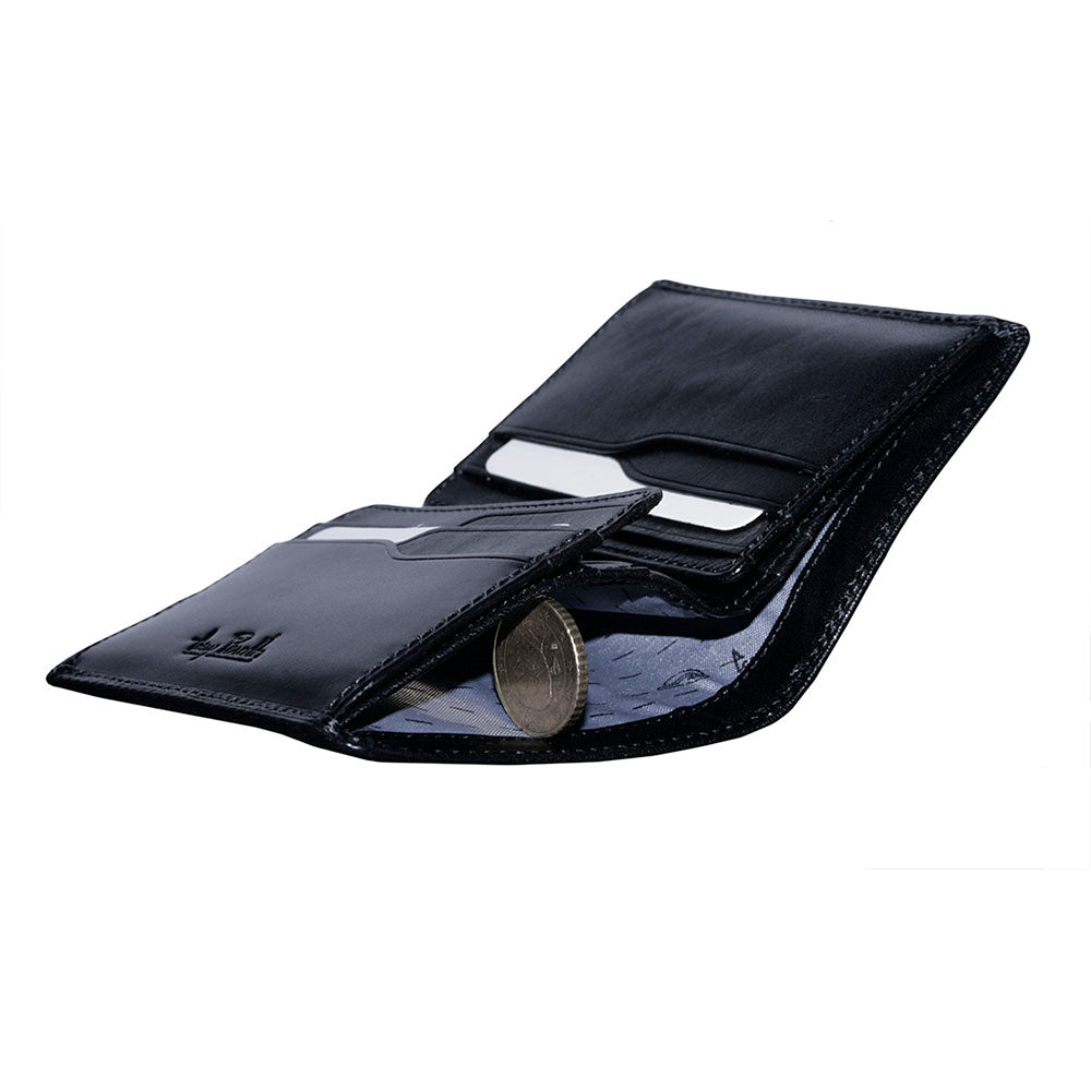 Side view into the patterned fabric-lined compartment of the Tony Perotti Nevada 3774 nero black wallet