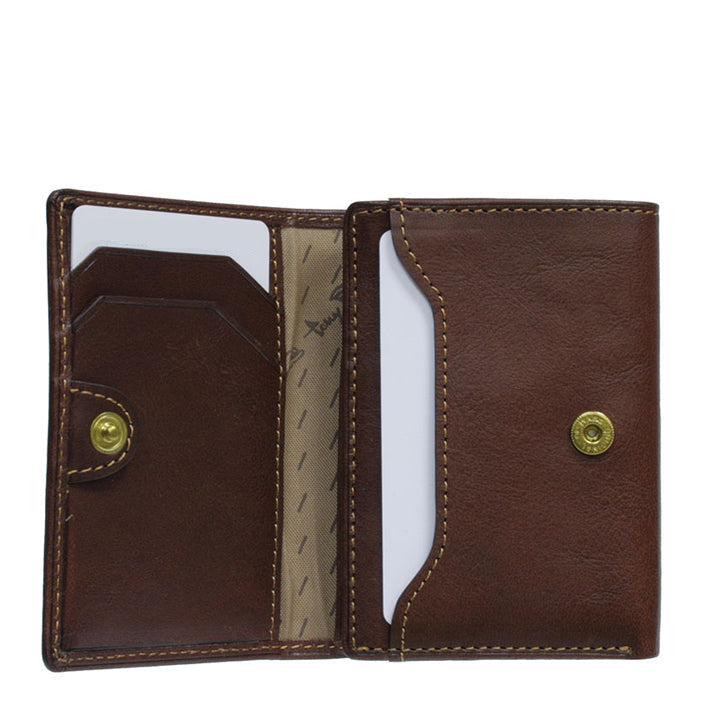 Nevada 3810+RFID moro dark brown card holder with inner flap open: two card slots, vertical slip pocket and snap
