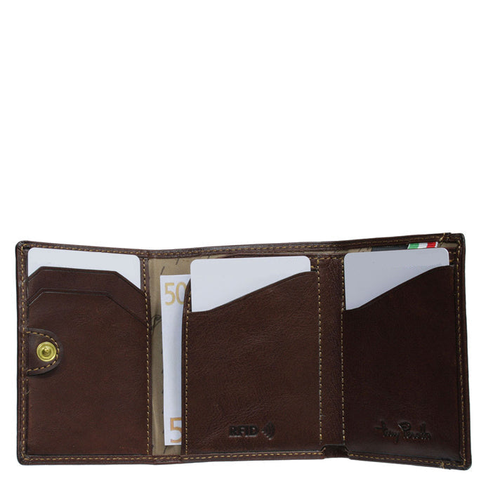 Nevada 3810+RFID moro dark brown card holder fully open: card slots, RFID-embossed pocket, banknote and snap tab
