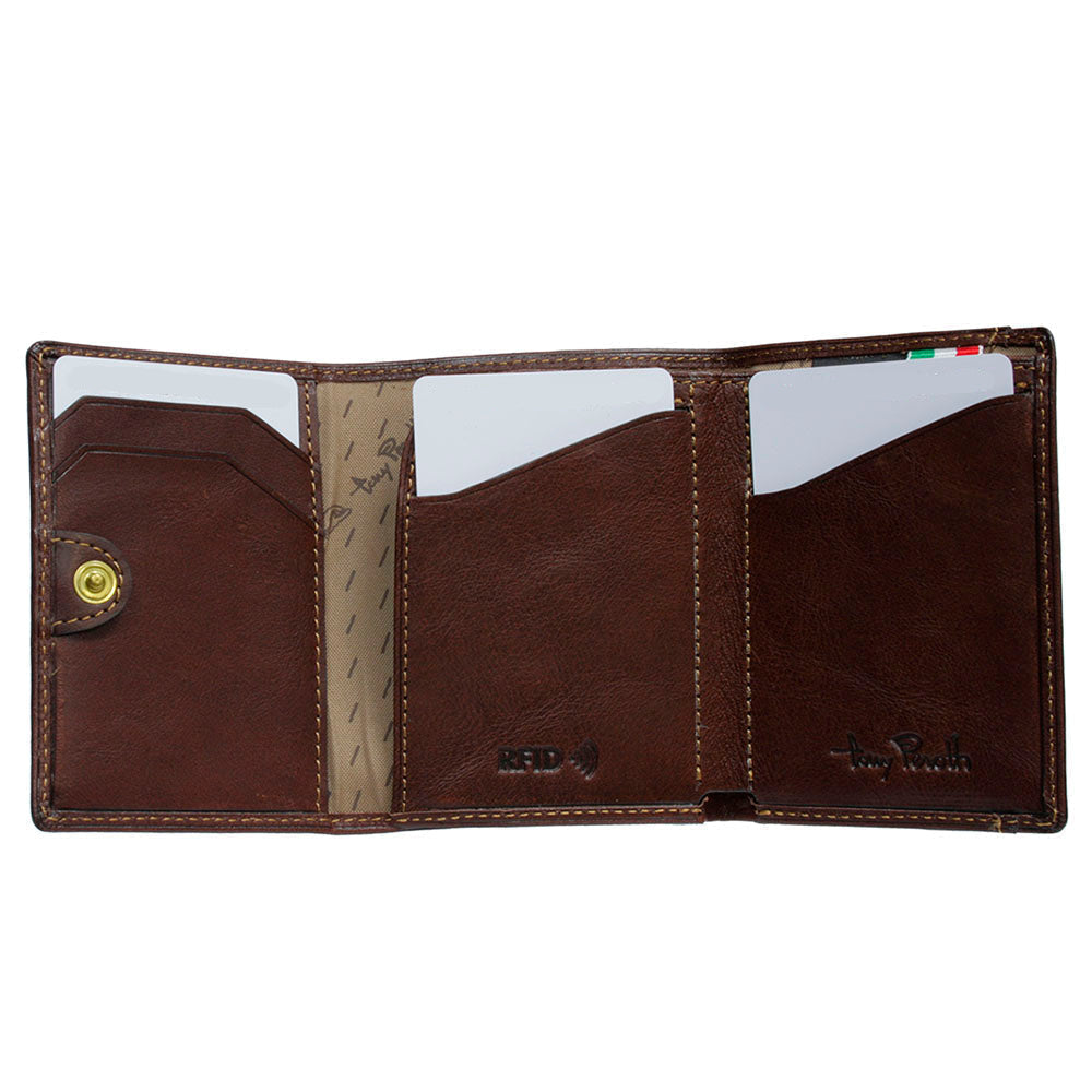 Nevada 3810+RFID moro dark brown card holder open without banknote — card slots and printed fabric lining
