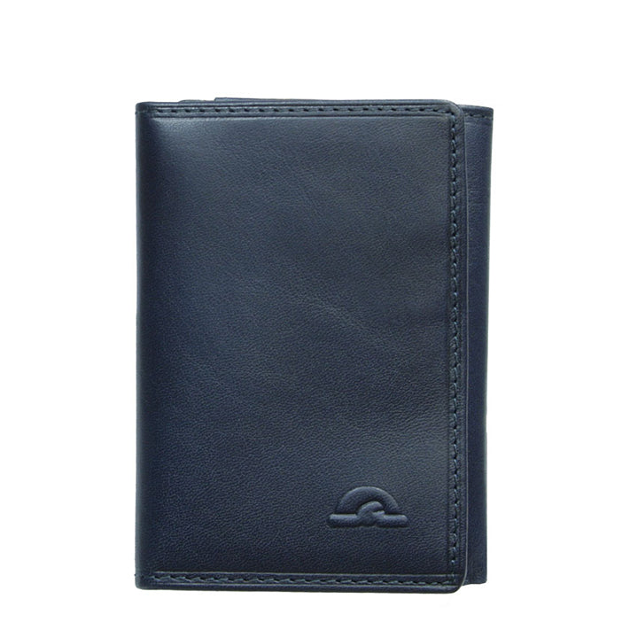 Tony Perotti Nevada 3810+RFID navy leather trifold card holder — closed front with embossed emblem
