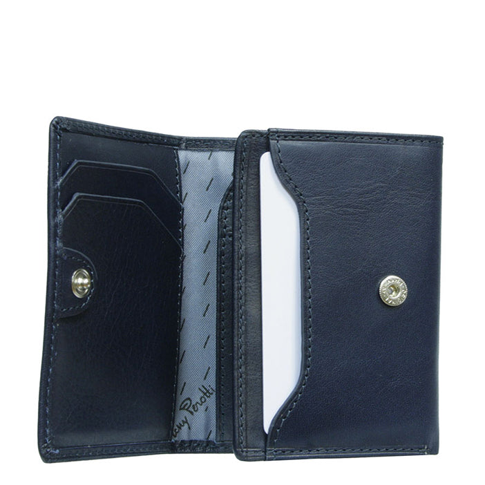 Nevada 3810+RFID navy card holder with inner flap open: card slots, vertical slip pocket and silver-tone snap