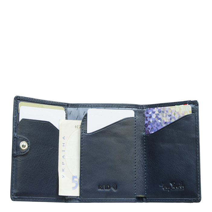 Nevada 3810+RFID navy card holder fully open: card slots, RFID-embossed pocket and banknote