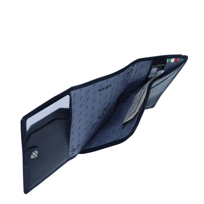 Nevada 3810+RFID navy card holder interior at an angle: banknote compartment, printed lining, Tony Perotti label
