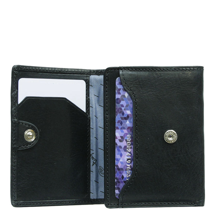 Nevada 3810+RFID nero black card holder with inner flap open: card slots, vertical slip pocket and silver-tone snap