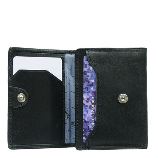 Nevada 3810+RFID nero black card holder with inner flap open: card slots, vertical slip pocket and silver-tone snap