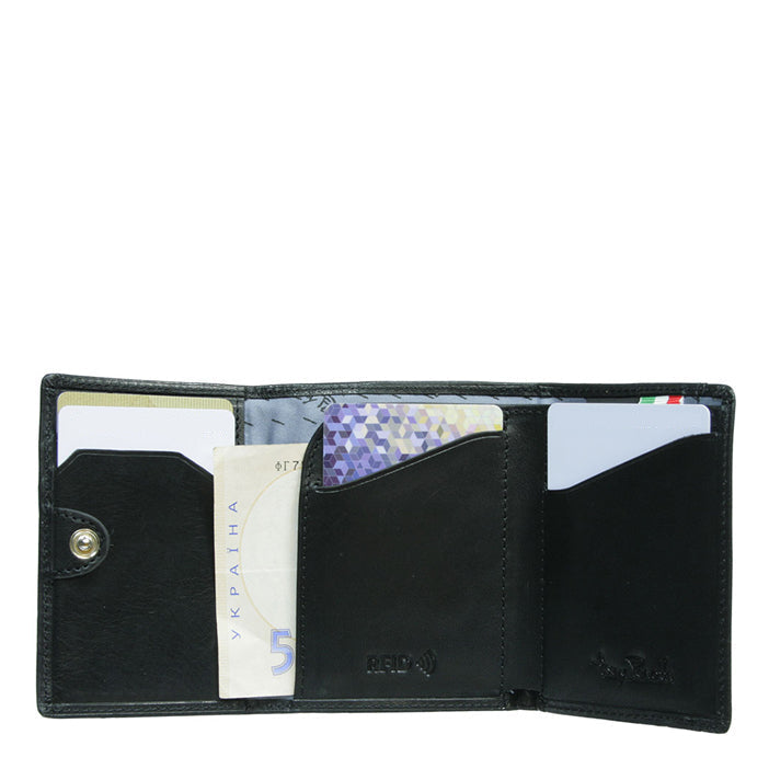 Nevada 3810+RFID nero black card holder fully open: card slots, RFID-embossed pocket and banknote