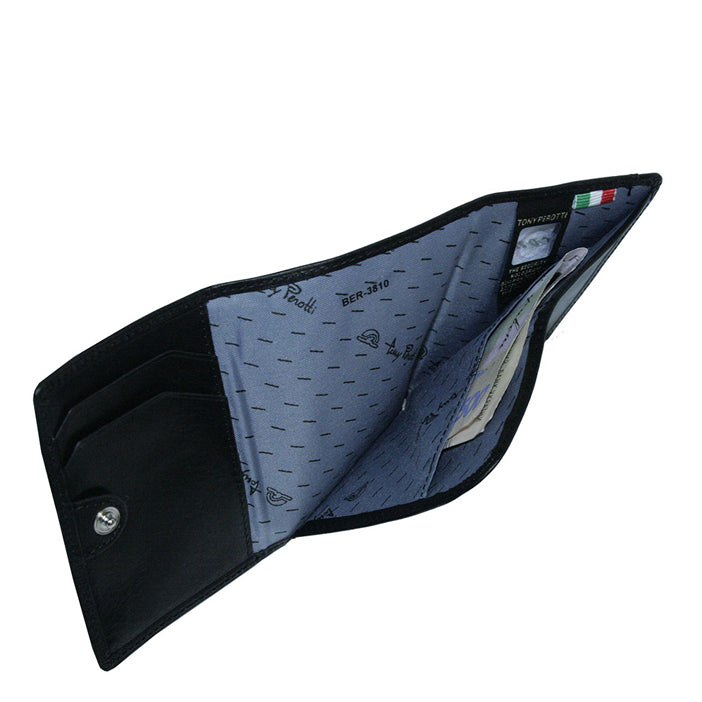 Nevada 3810+RFID nero black card holder interior at an angle: banknote compartment, printed lining, Tony Perotti label