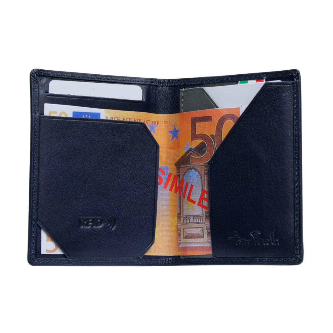 Tony Perotti Nevada 3813+RFID navy — opened out with a banknote lying across the fold, the «RFID» stamp on the left pocket and the Tony Perotti signature on the right