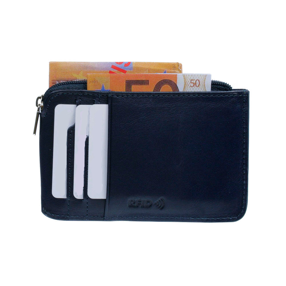 Back of Tony Perotti Nevada 3825+RFID navy zip card holder with cards, RFID mark and euro notes in the zip pocket