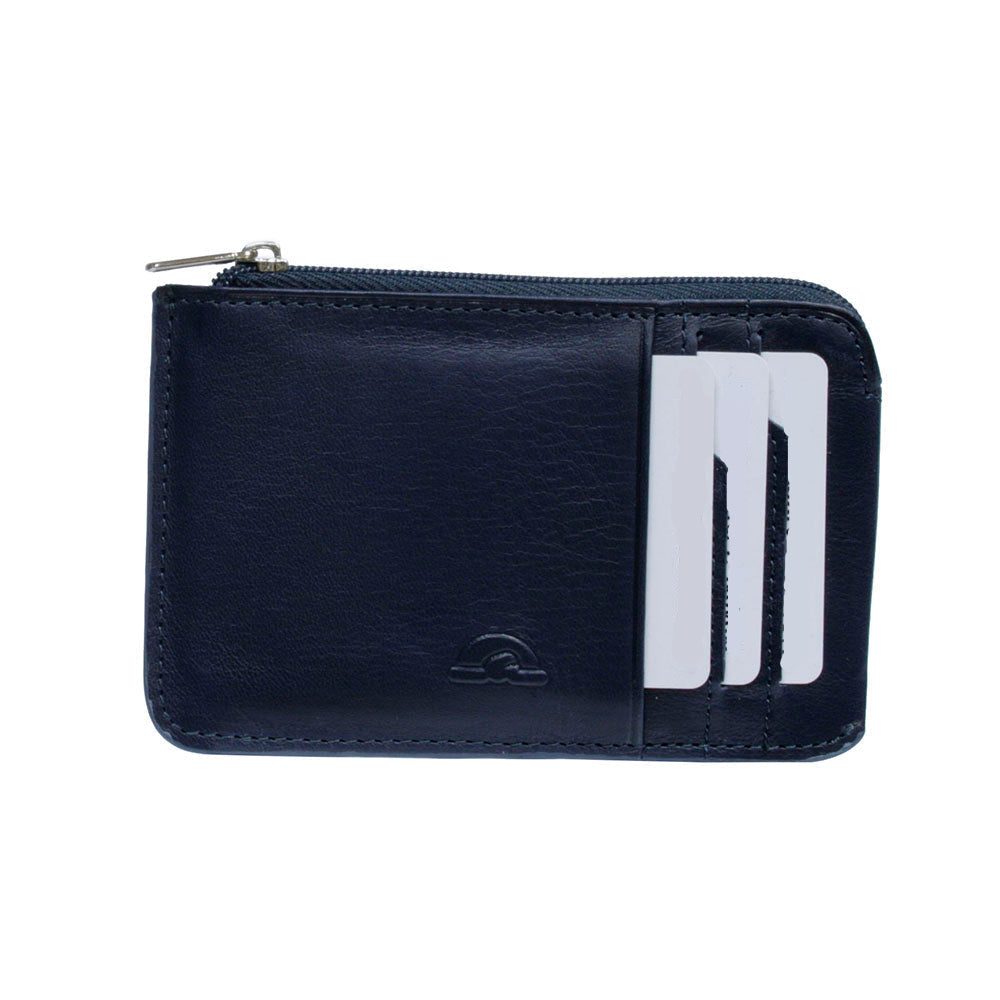 Front of Tony Perotti Nevada 3825+RFID navy leather zip card holder with three cards and embossed turtle emblem