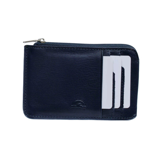 Front of Tony Perotti Nevada 3825+RFID navy leather zip card holder with three cards and embossed turtle emblem