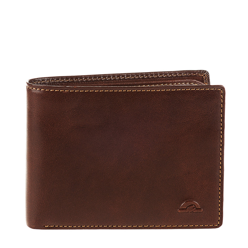 Tony Perotti Nevada 537 moro dark brown leather bifold wallet — front with embossed turtle emblem and contrast stitching