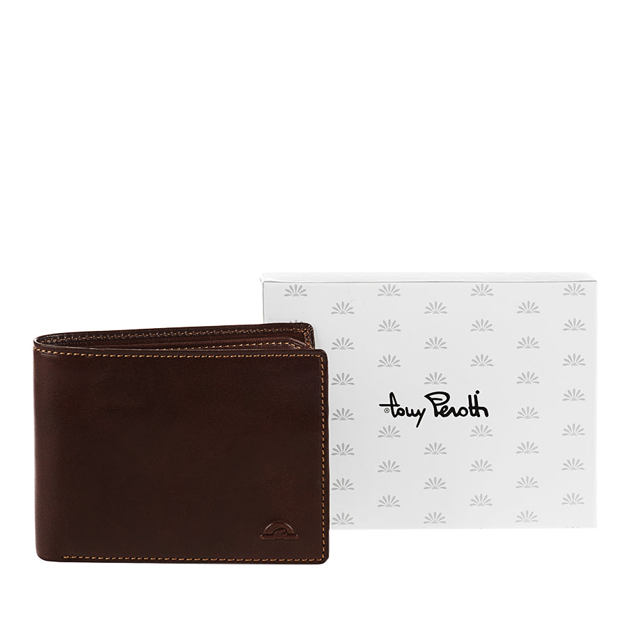 Tony Perotti Nevada 537 moro dark brown leather bifold wallet with white Tony Perotti gift box