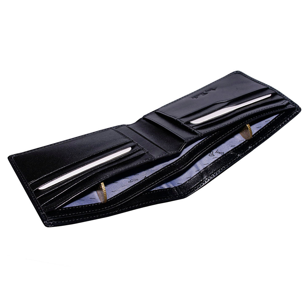 Open Tony Perotti Nevada 537 nero wallet — angled view into the bill compartment with logo-print lining
