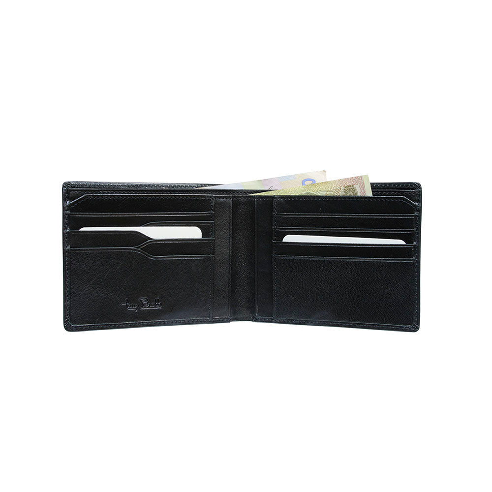 Open Tony Perotti Nevada 537 nero black wallet with cards in the slots and banknotes in the bill compartments