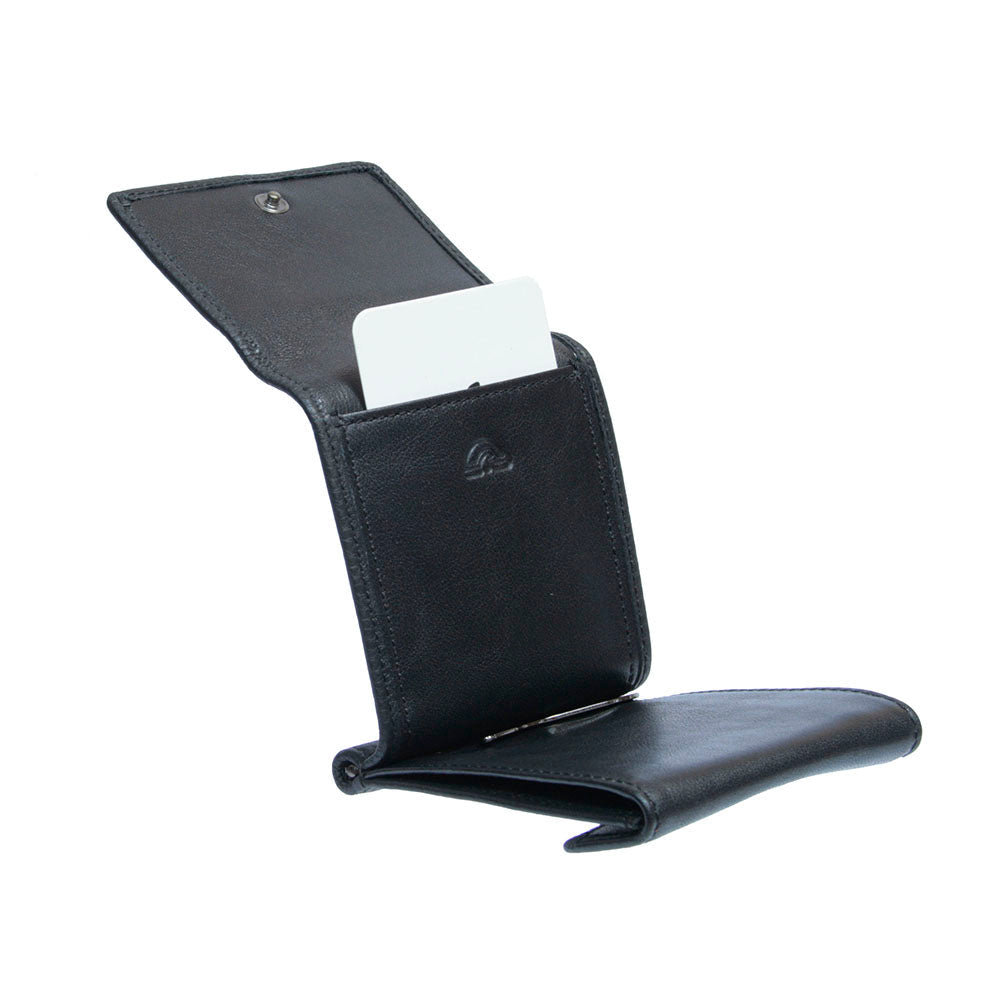 Black leather money clip with a coin pocket, shown open — Tony Perotti New Contatto 3595