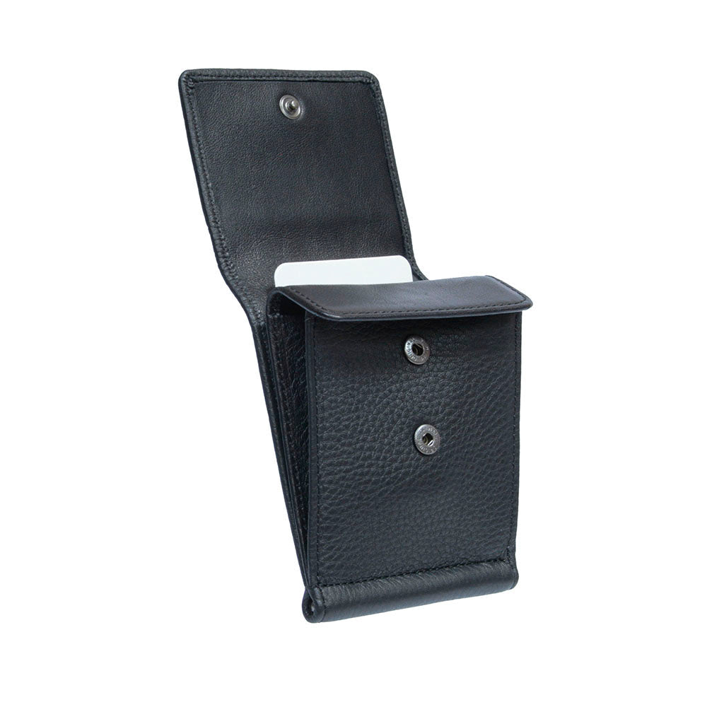 Black leather money clip with a coin pocket that opens with a button — Tony Perotti New Contatto 3595