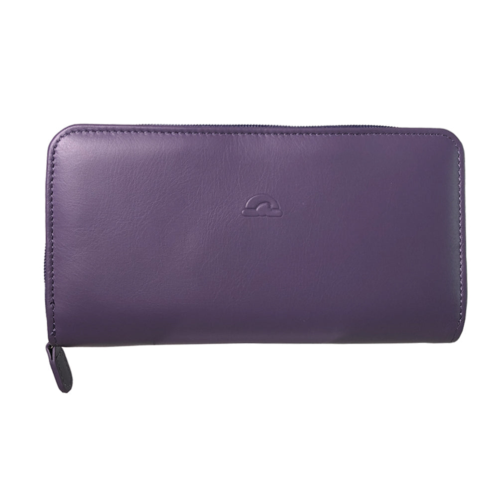 Tony Perotti women's purple leather zip-around wallet with a brand logo on a white background