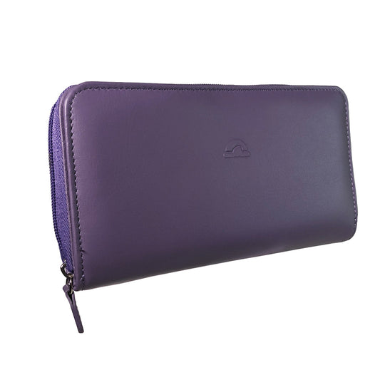 Tony Perotti women's purple leather zip-around wallet with a brand logo on a white background