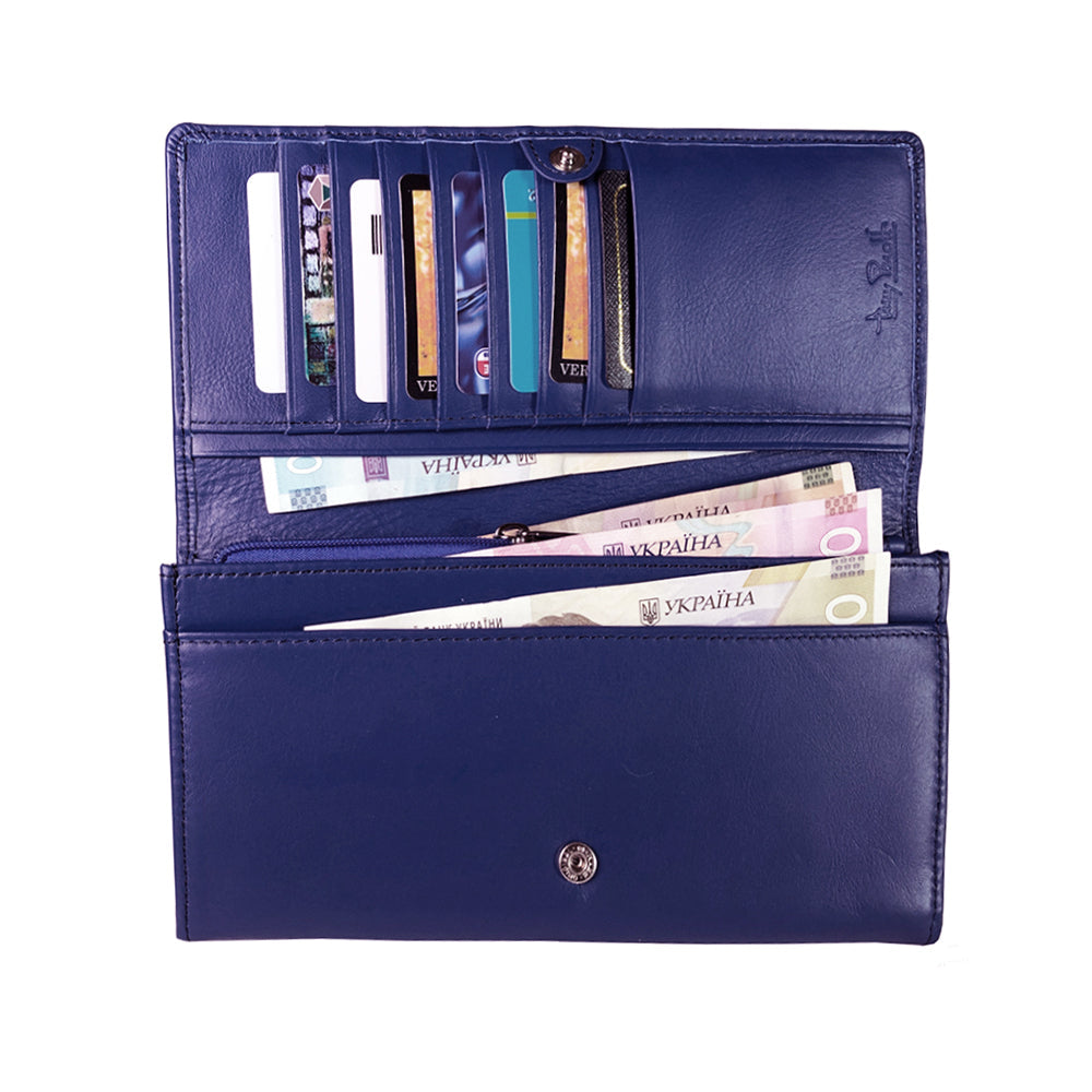 Tony Perotti New Rainbow 3435 bluette wallet open with cards, banknotes