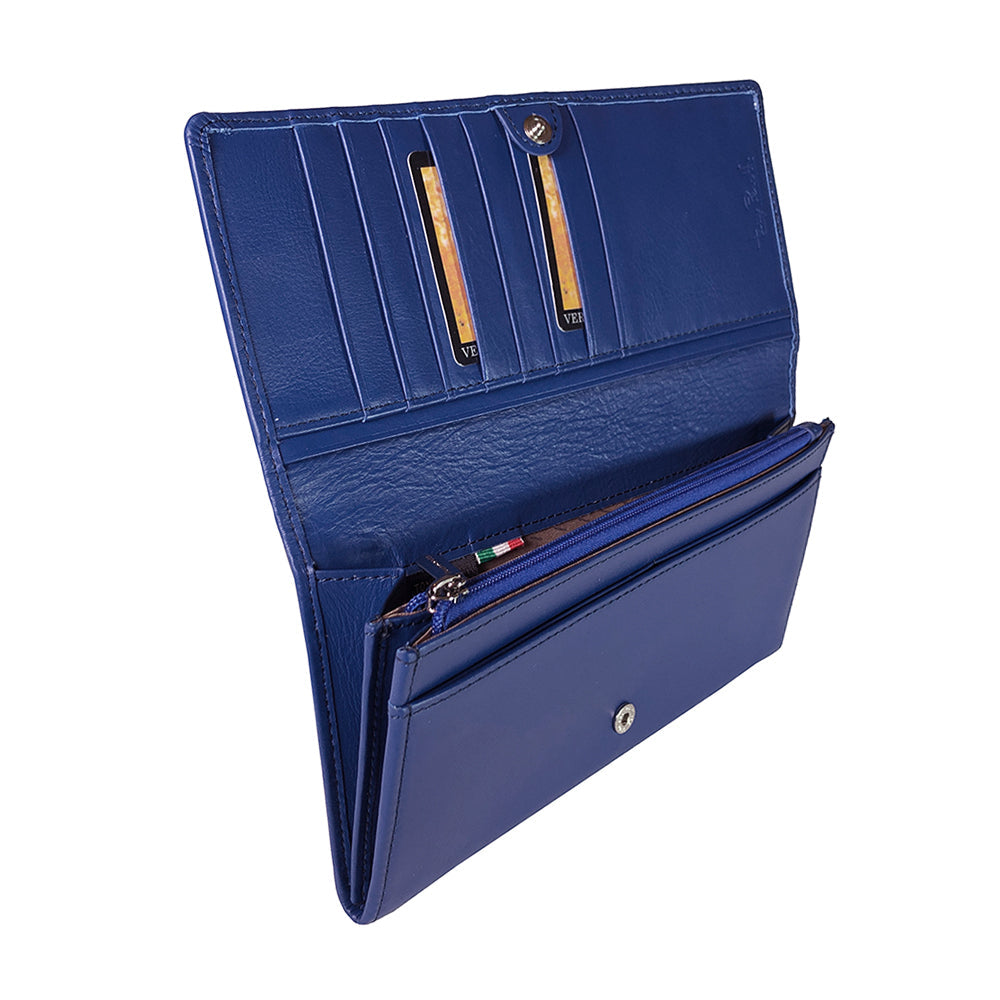 Open Tony Perotti blue leather flap wallet showing card slots and zip coin pocket