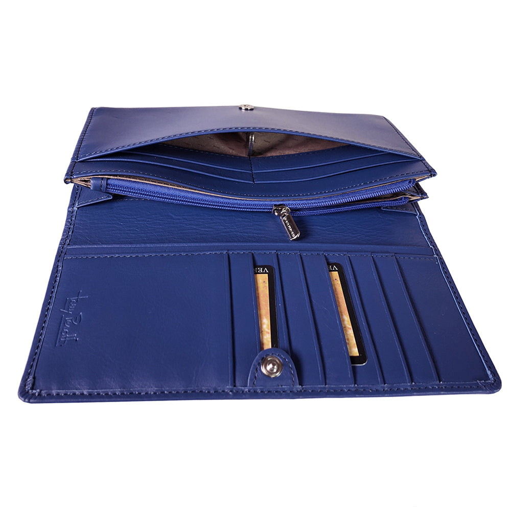 Open Tony Perotti blue flap wallet — top view of bill compartments and zip coin pocket