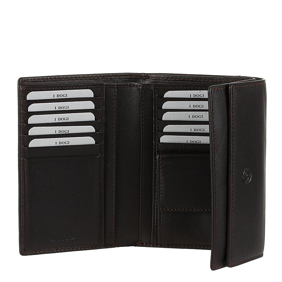 Tony Perotti Cortina 5115 Moro dark brown leather trifold wallet, open interior with card slots and coin pocket