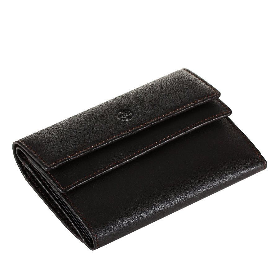 Tony Perotti Cortina 5115 Moro small dark brown leather trifold wallet, angled view