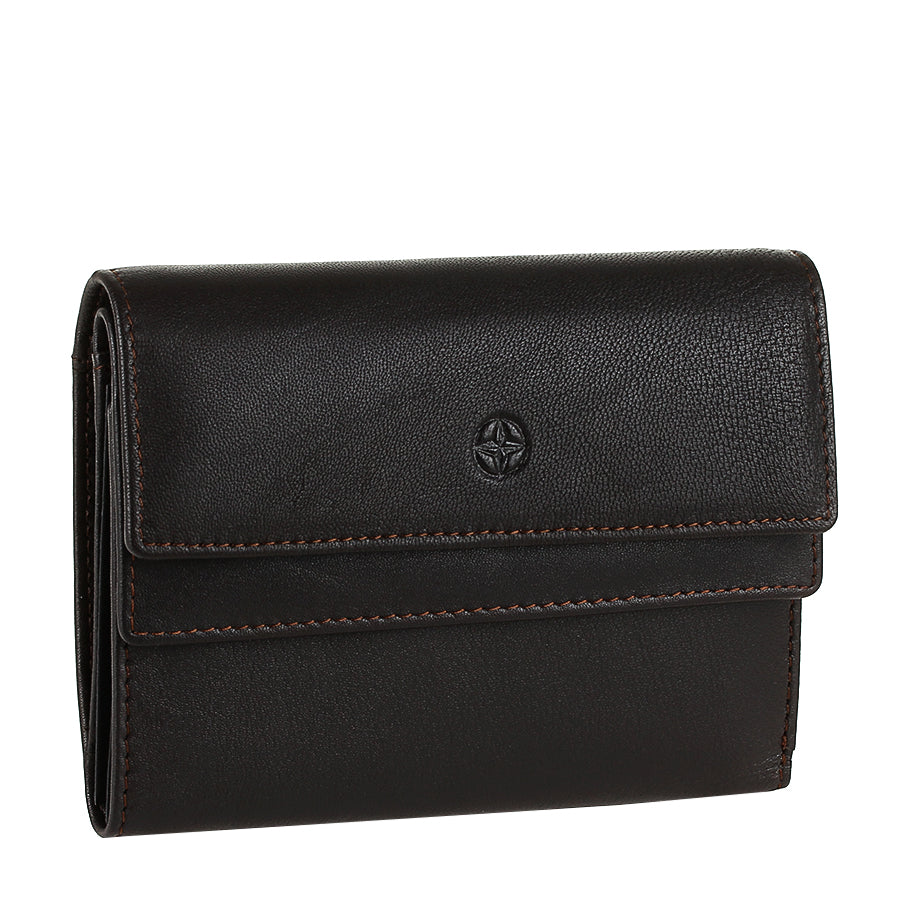 Black leather wallet with a brand logo on a white background