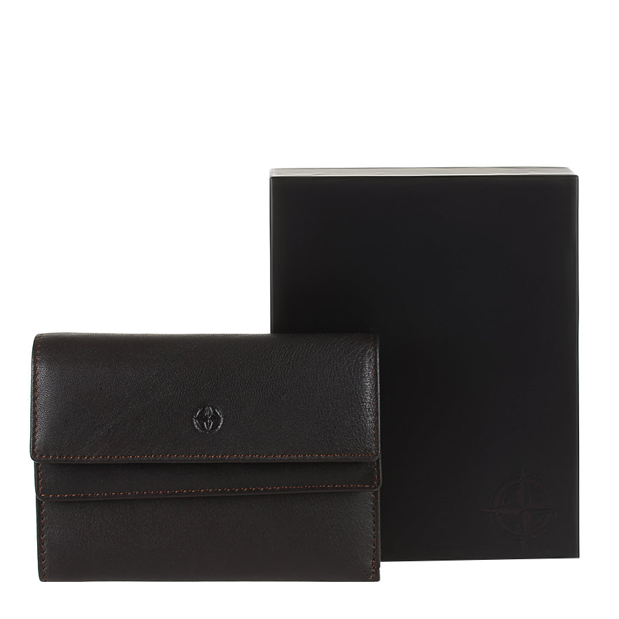 Tony Perotti Cortina 5115 Moro dark brown leather small trifold wallet, front view next to the box