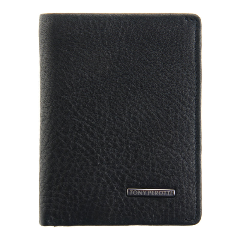 Black leather wallet with 'Tony Perotti' branding on a white background