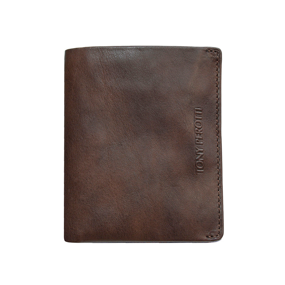 Tony Perotti Varsavia 3480 caffe brown leather compact wallet, front with vertical Tony Perotti lettering