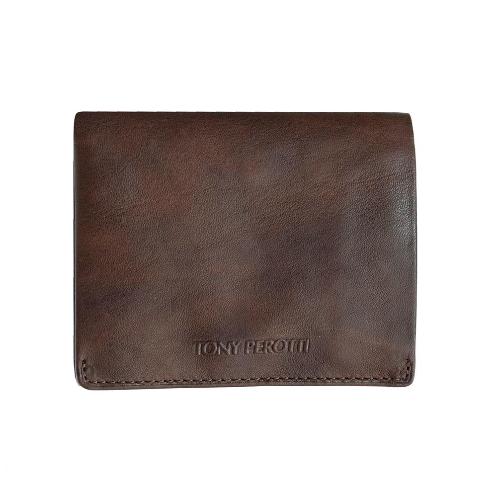 Tony Perotti Varsavia 3480 caffe brown leather compact wallet, flat view with debossed Tony Perotti lettering