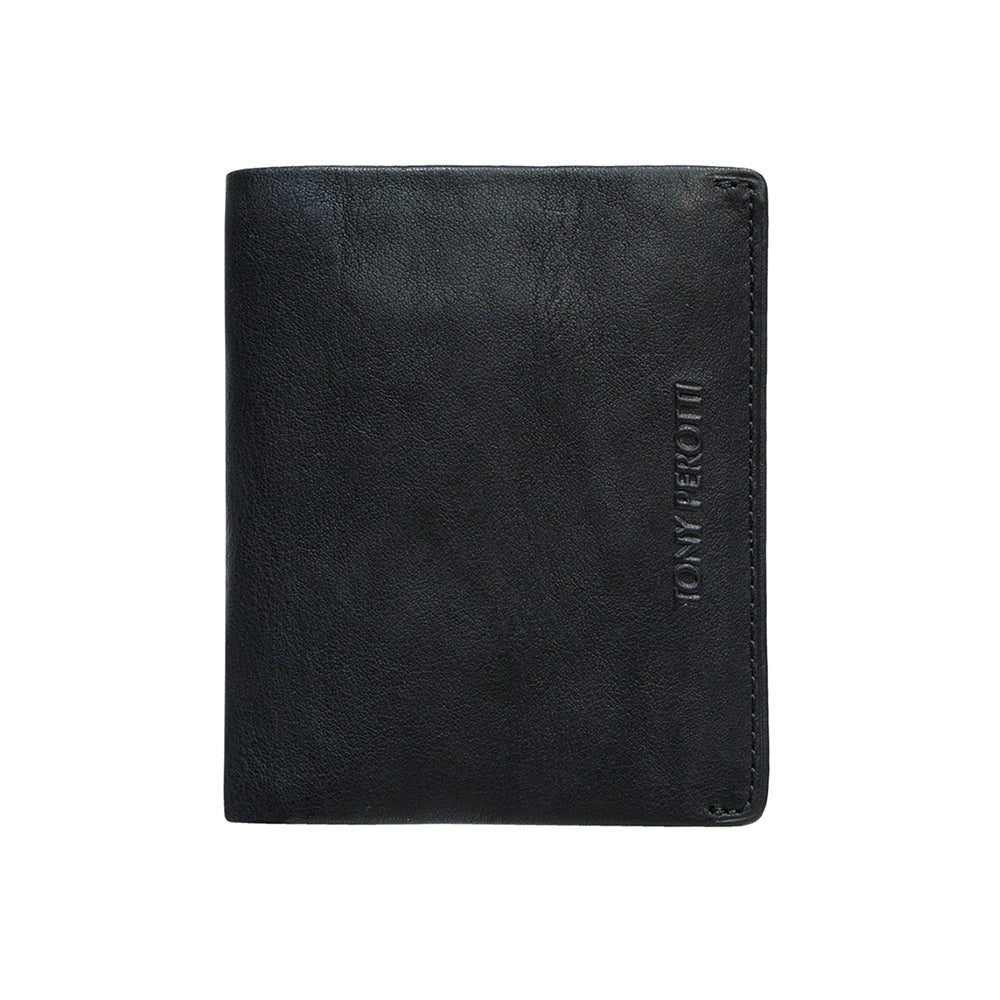 Tony Perotti Varsavia 3480 nero black leather compact wallet, front with vertical Tony Perotti lettering