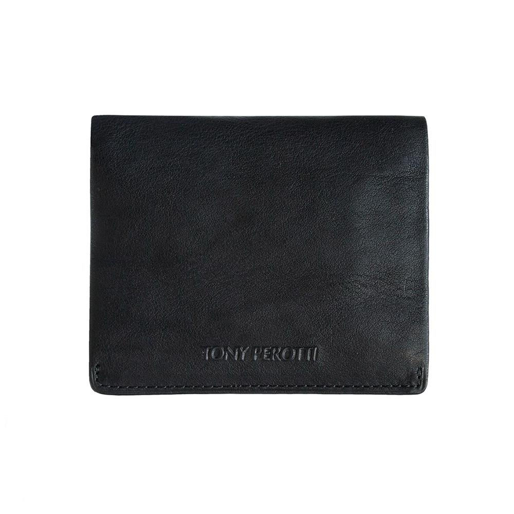 Tony Perotti Varsavia 3480 nero black leather compact wallet, flat view with debossed Tony Perotti lettering