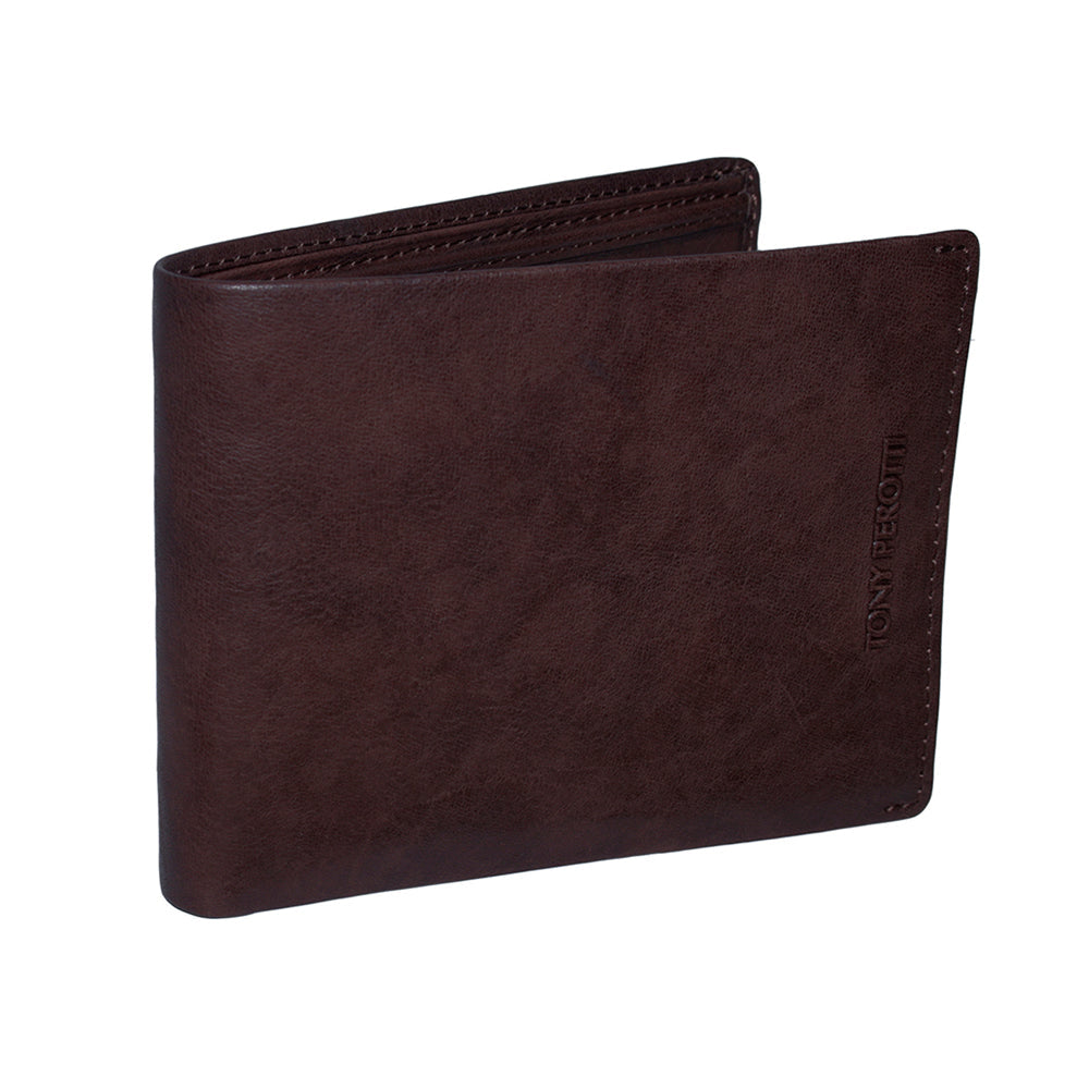 Tony Perotti Varsavia 537 caffe brown leather bifold wallet standing closed, three-quarter view