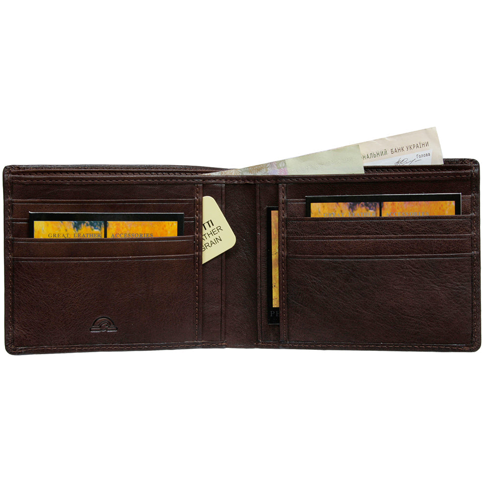 Open Tony Perotti Varsavia 537 caffe wallet with cards in slots and a banknote in the bill compartment