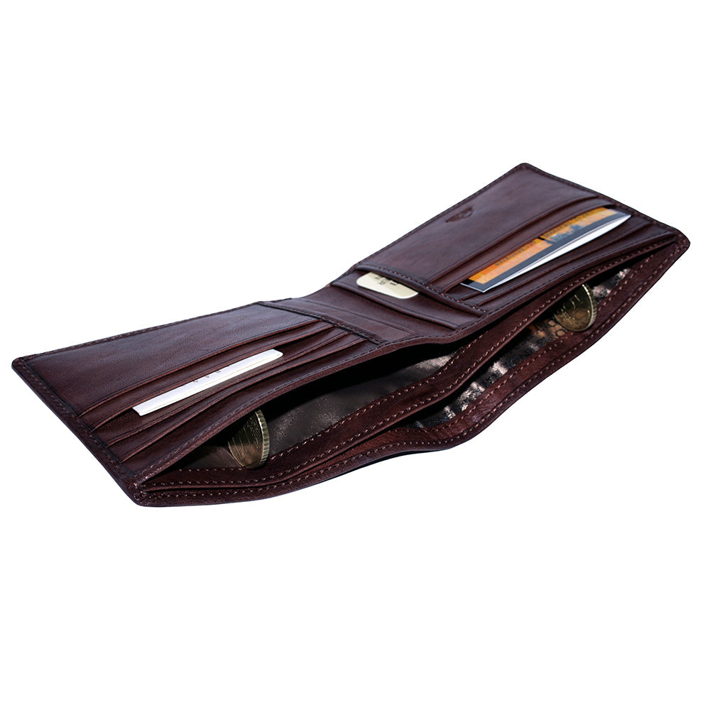 Tony Perotti Varsavia 537 caffe wallet, angled view into the two bill compartments
