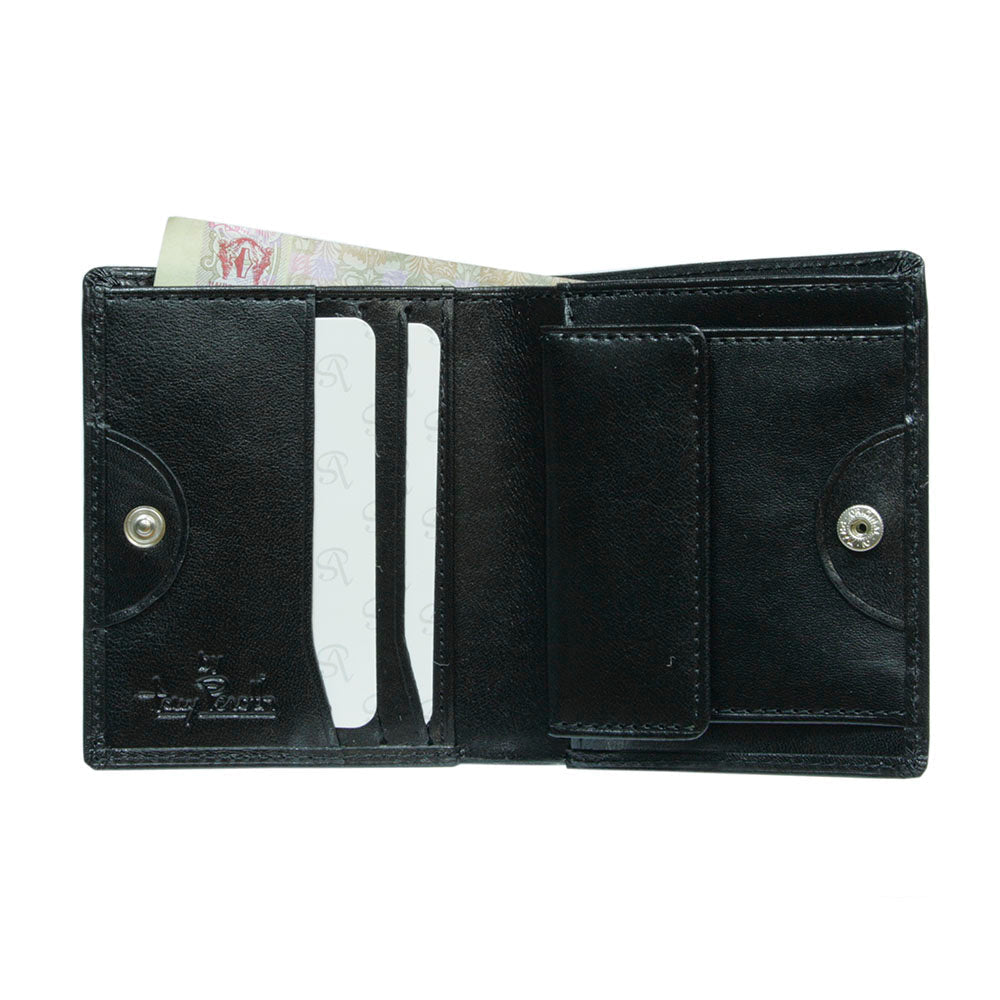Open Tony Perotti Viasorte 1165 nero wallet with cards in slots and a banknote in the bill compartment
