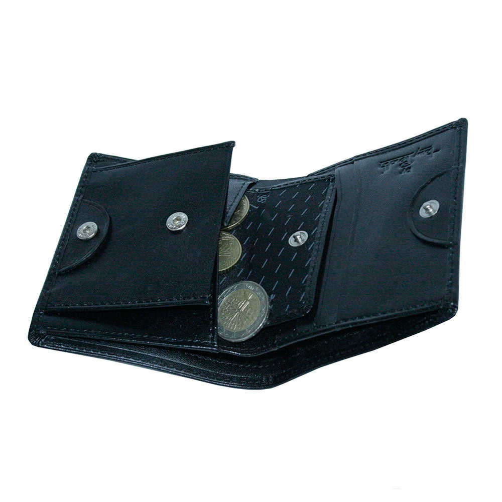 Tony Perotti Viasorte 1165 nero wallet with the snap coin pocket open, holding coins