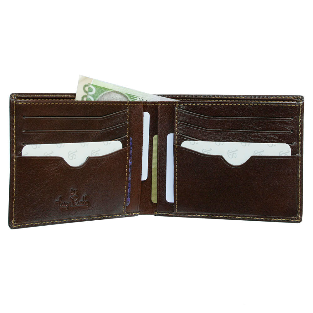 Open Tony Perotti Viasorte 537 moro wallet with cards in slots and vertical pockets and a banknote