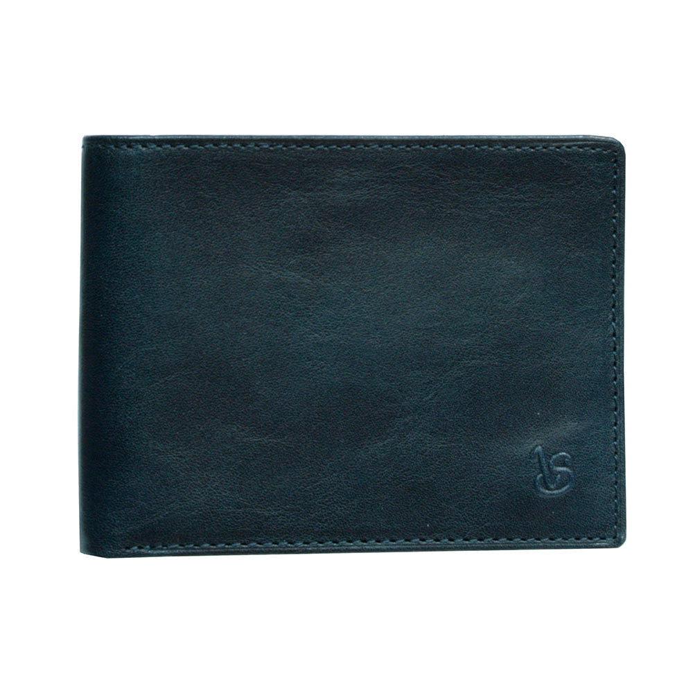 Tony Perotti Viasorte 537 navy leather bifold wallet, front with debossed VS monogram