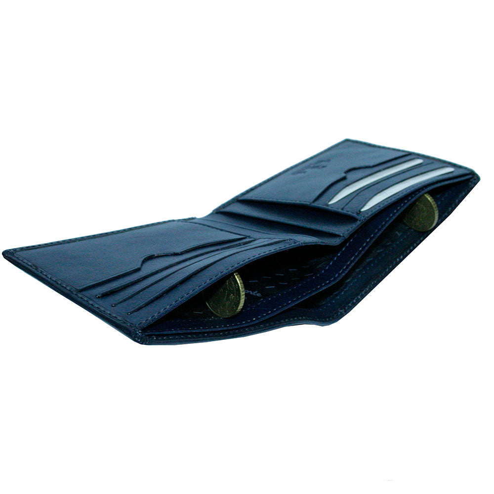 Tony Perotti Viasorte 537 navy wallet, angled view into the two bill compartments