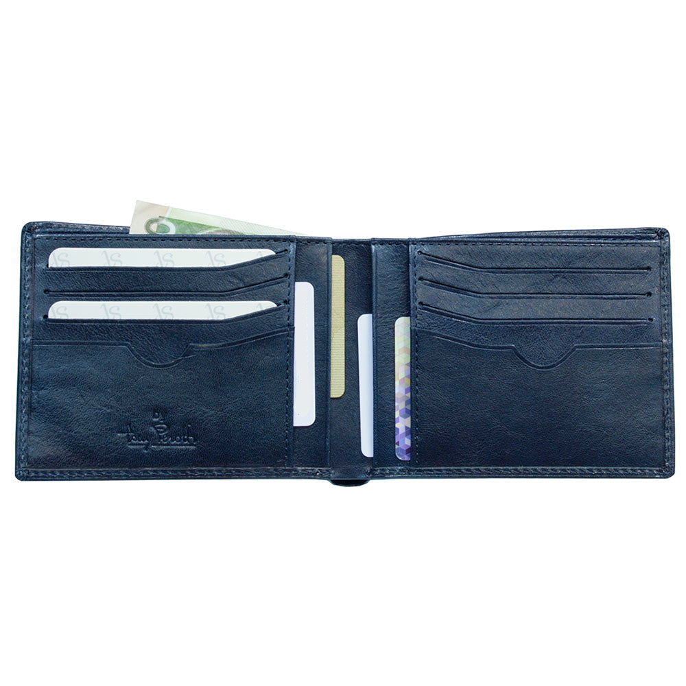 Open Tony Perotti Viasorte 537 navy wallet with cards in slots and vertical pockets and a banknote