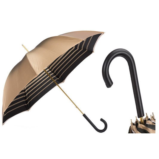 Pasotti beige umbrella with dark brown stripes and curved handle on a white background