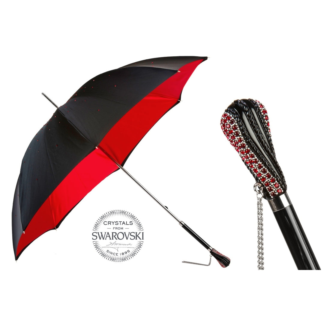 Pasotti women’s black and red umbrella with Swarovski crystal handle