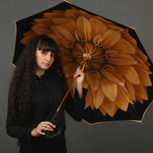 Leather handle detail of Pasotti bronze dahlia cane umbrella