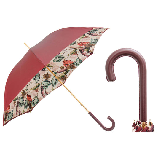 Pasotti women’s burgundy tropical print cane umbrella with leather handle