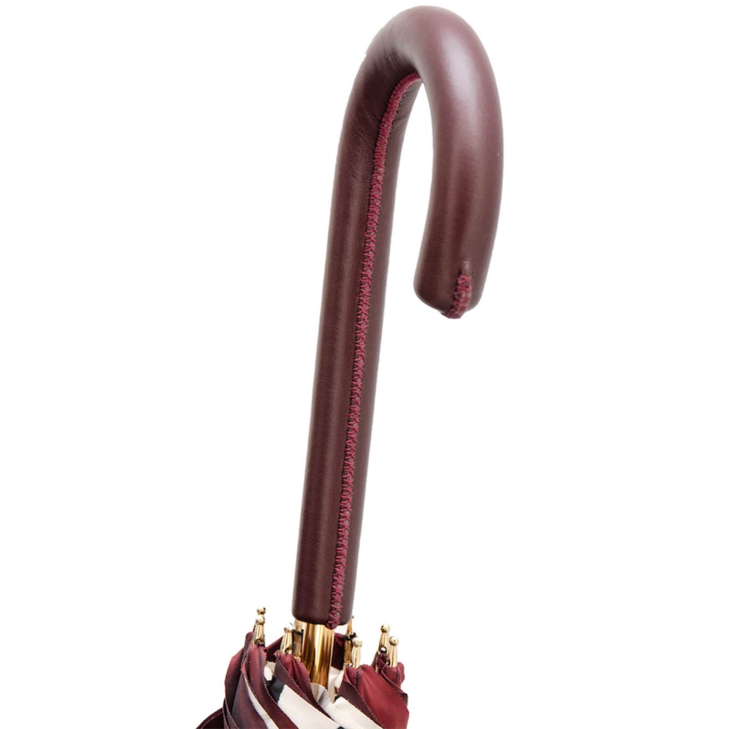 Leather handle detail of Pasotti burgundy tropical cane umbrella